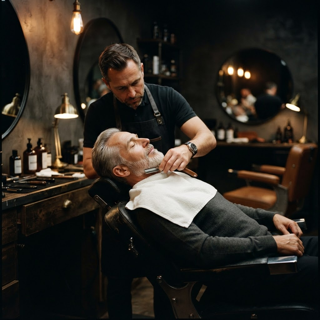 A client reclined in a matte black leather chair during a grooming session