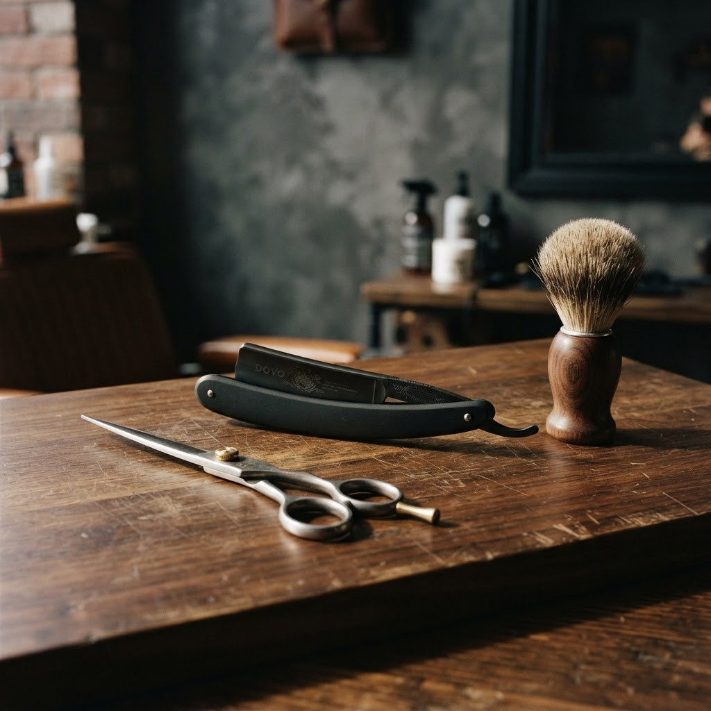 Premium barber tools on dark walnut wood