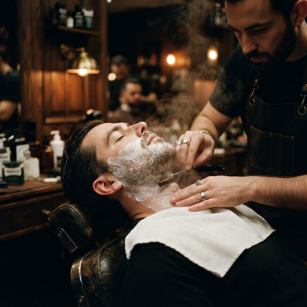 A hot towel shave in progress with rising steam