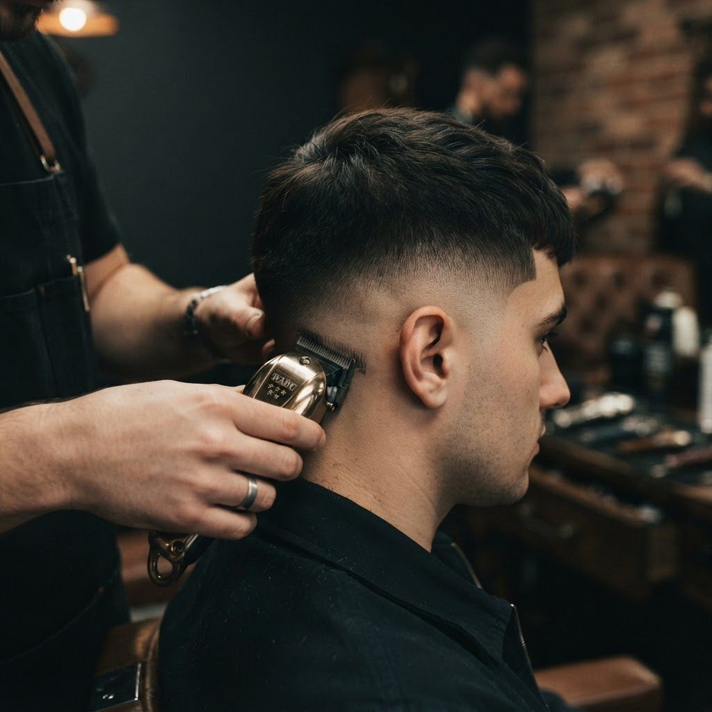 Close-up of a skin fade being finished with clippers
