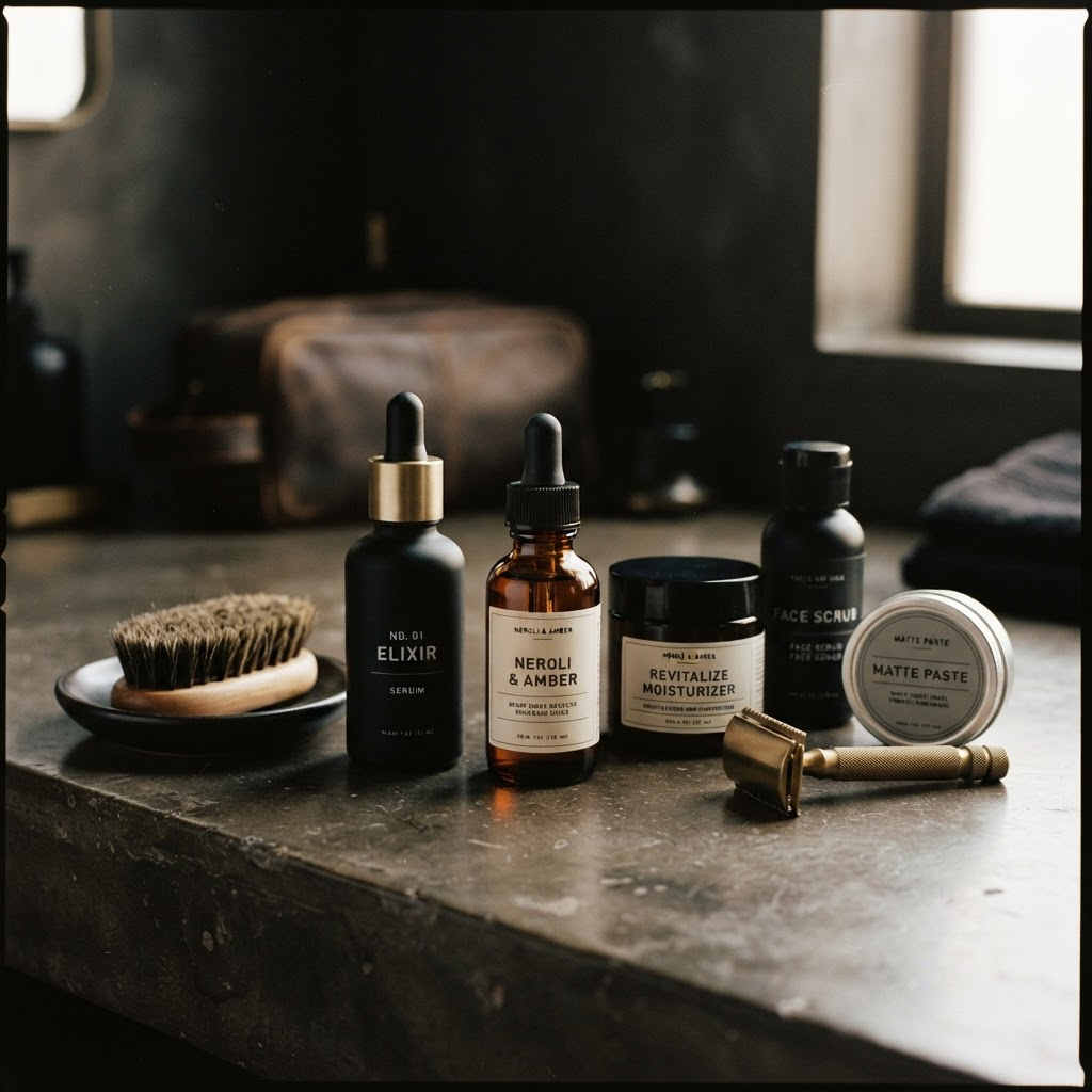 Luxury grooming products in matte black and amber glass