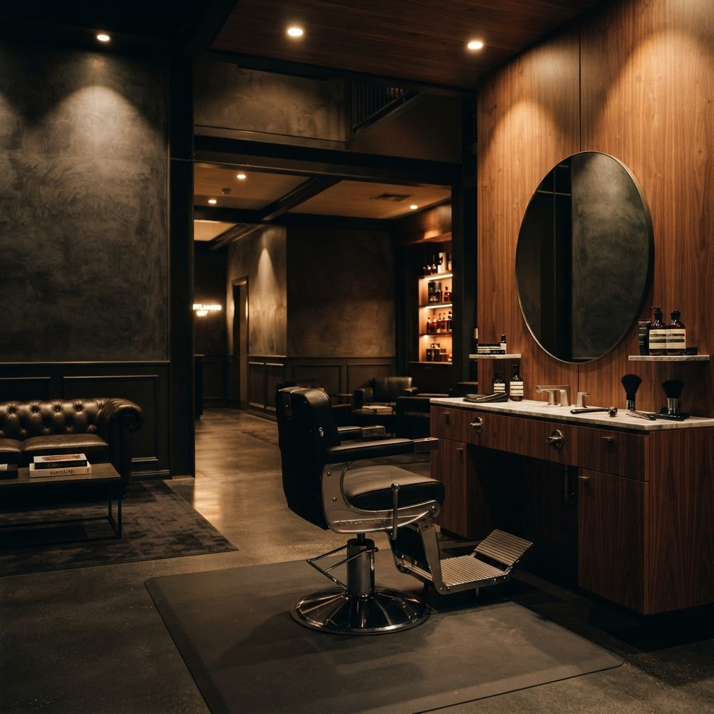 Interior of the MOLID luxury barbershop with dark concrete walls and warm lighting